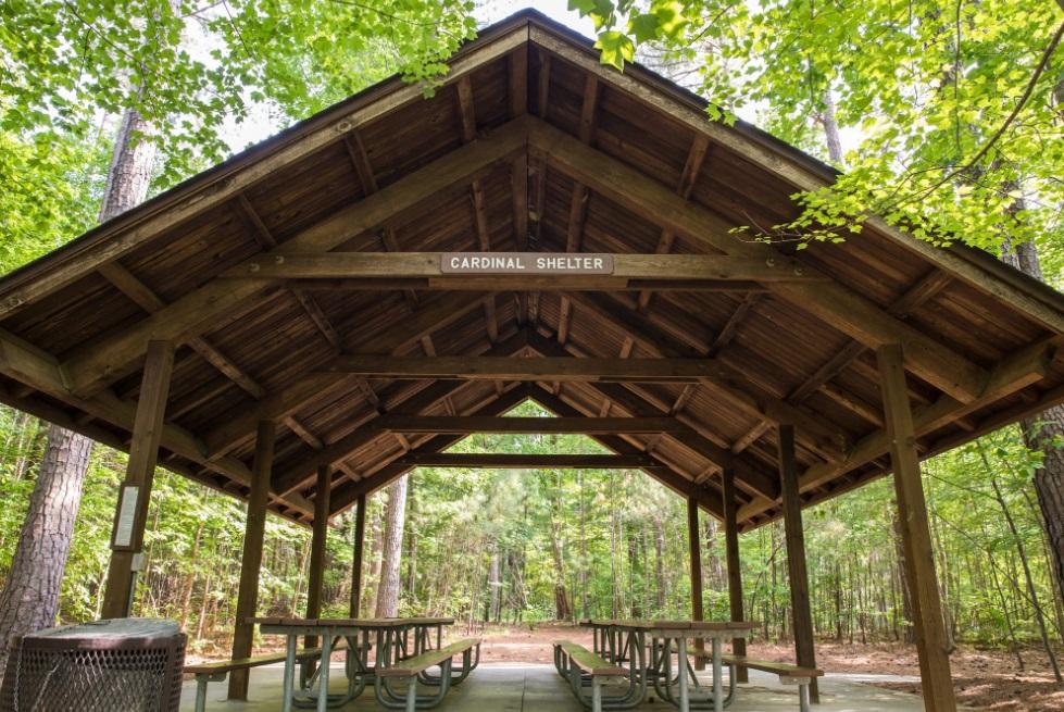 View of the parks medium sized wooden picnic shelter with picnic tables