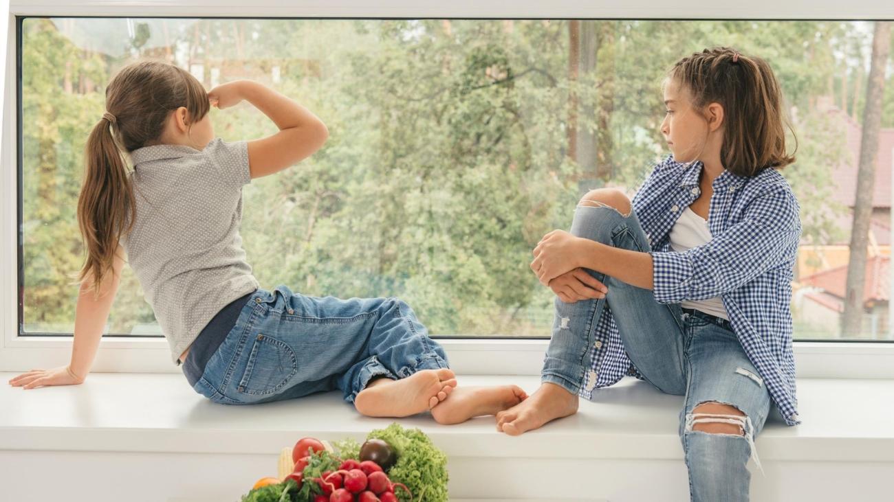 two children looking out of the window 