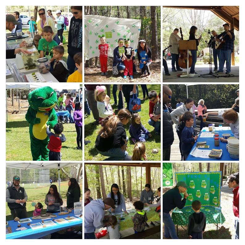 children and families patriciate in craft activities at event and take photos with frog mascot