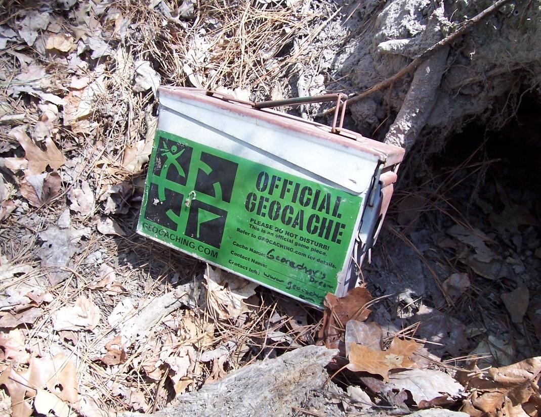 Close-up photo of one of the many geocaches found at Harris Lake County Park