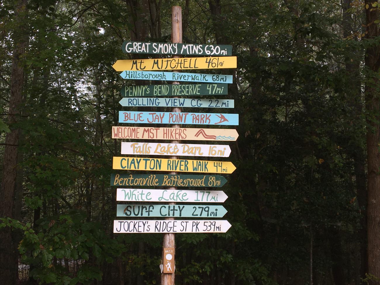 Colorful sign post with miles to different destinations along the Mountain-to-Sea Trail