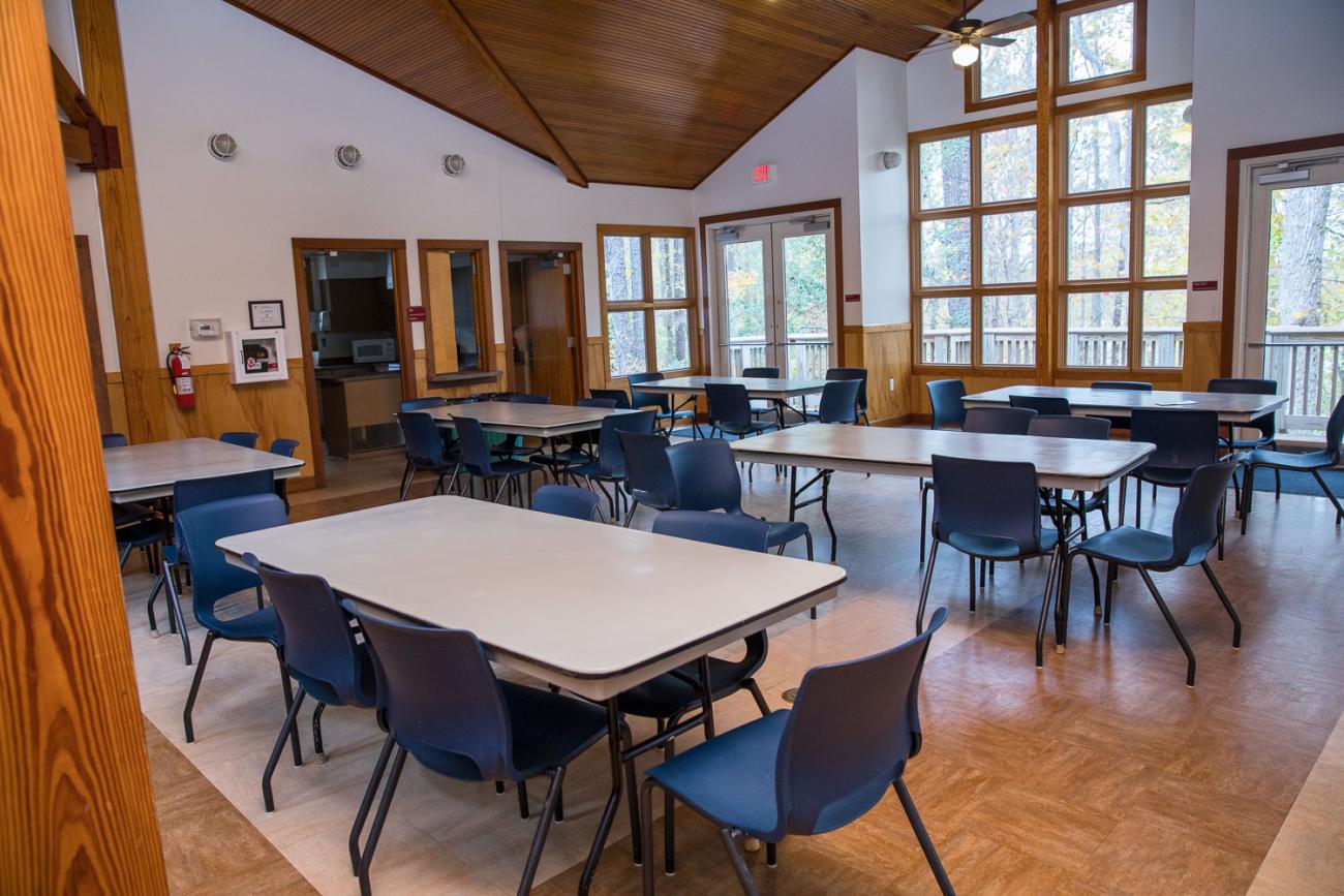 View of the interior great room of the Blue Jay Overnight Lodge