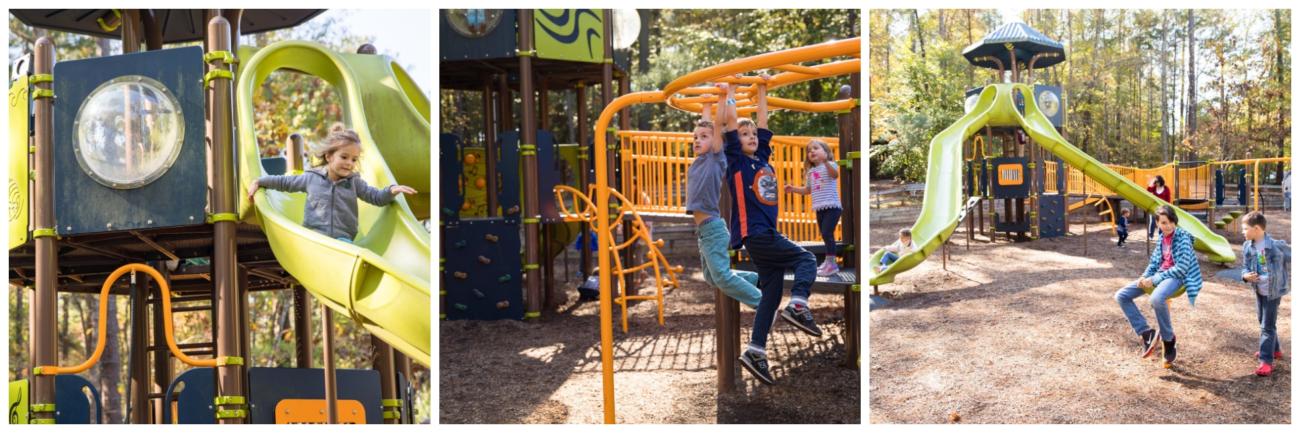 three different images showing slides and other playground equipment while children play