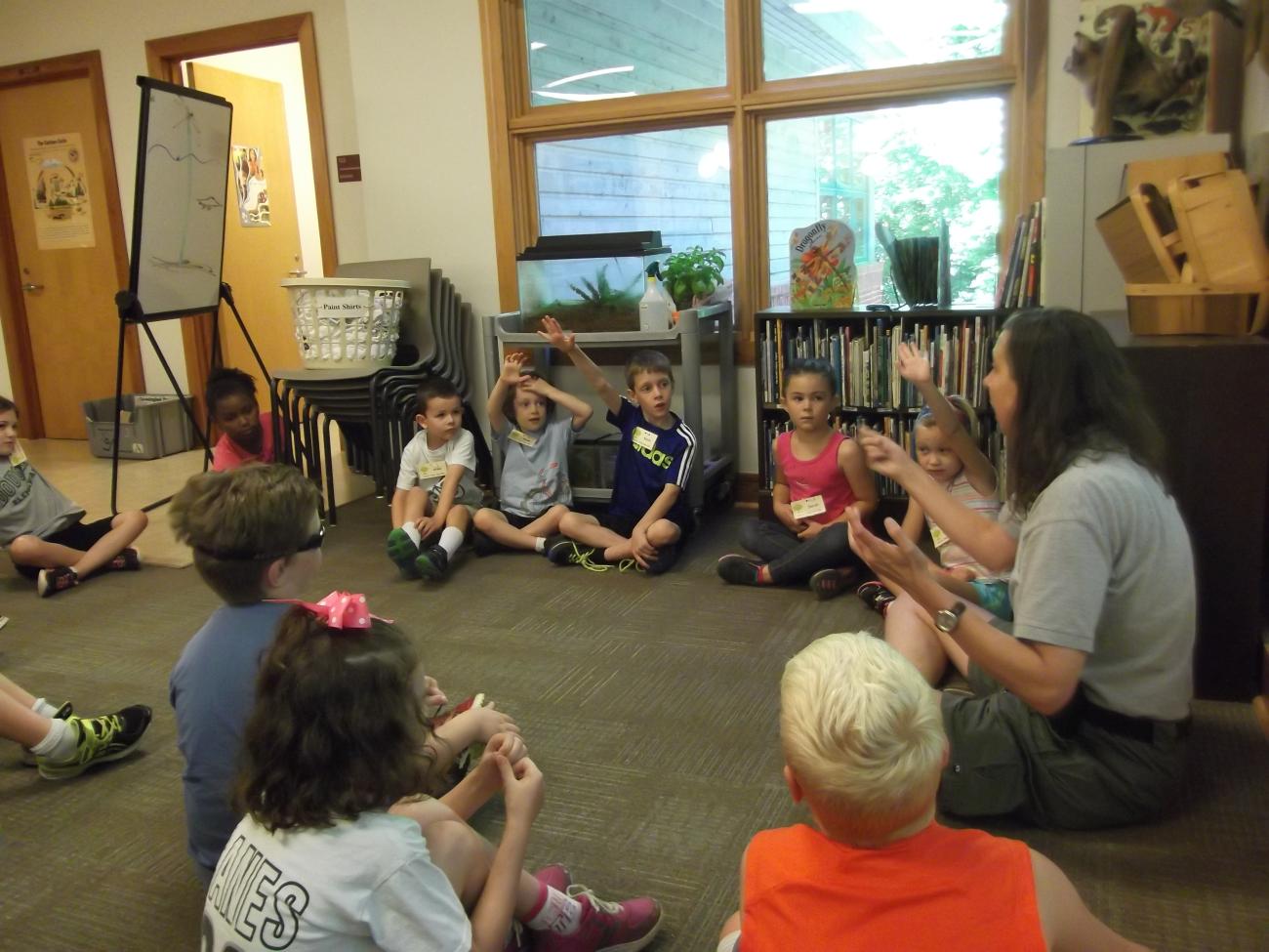 Kids and instructor sitting in a sharing circle at summer camp.