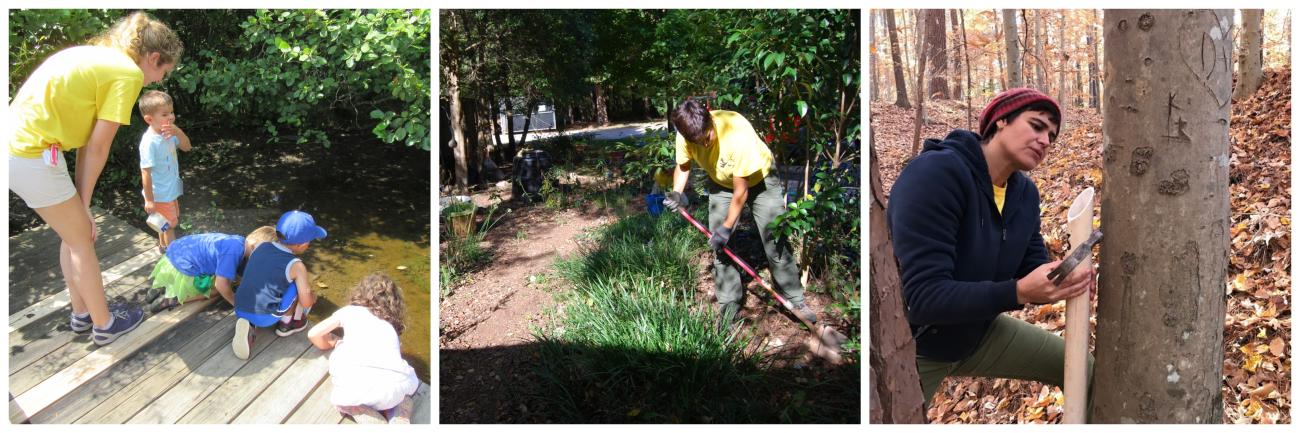 volunteers work in park garden, help children look at pond