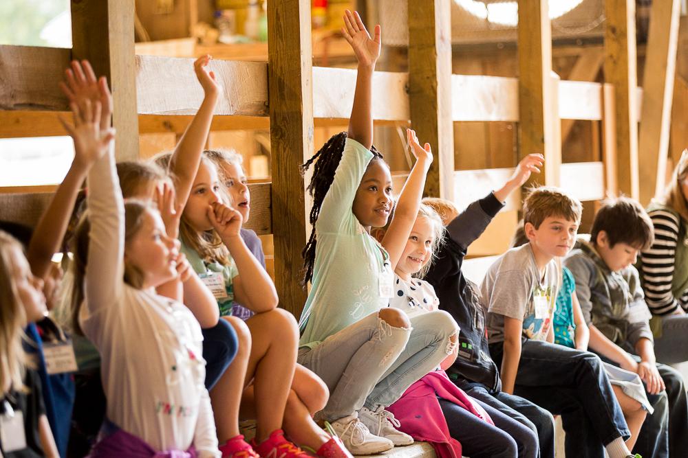 class of elementary students raising their hands during a park program in the livestock barn