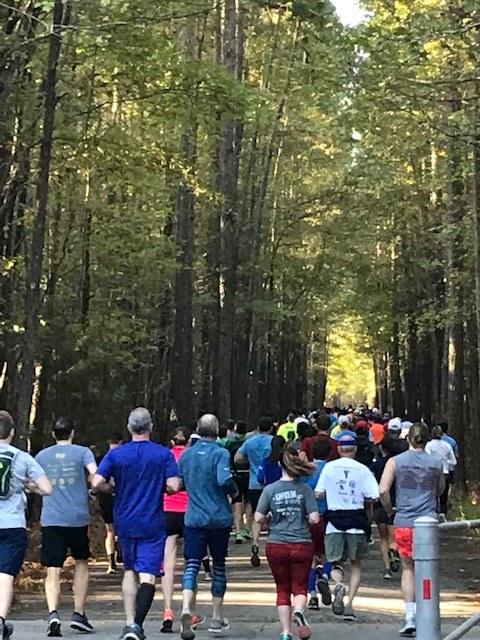 Photo of many runners on the American Tobacco Trail during a large race event