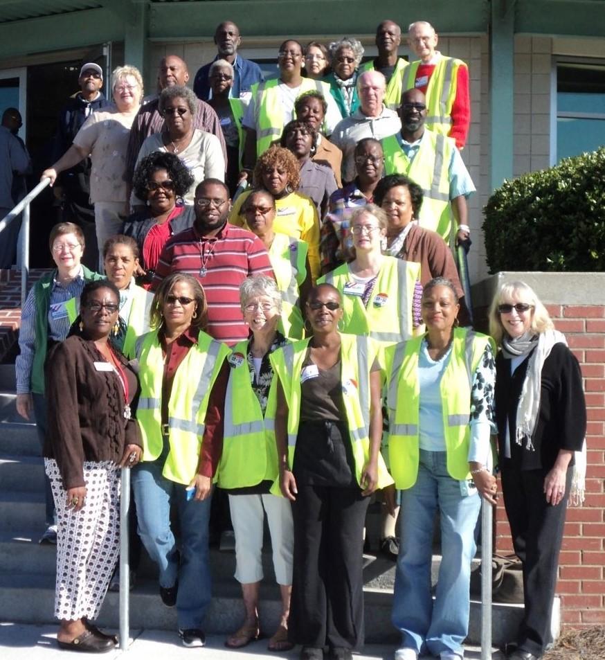 Group of precinct officials outside an early voting site.