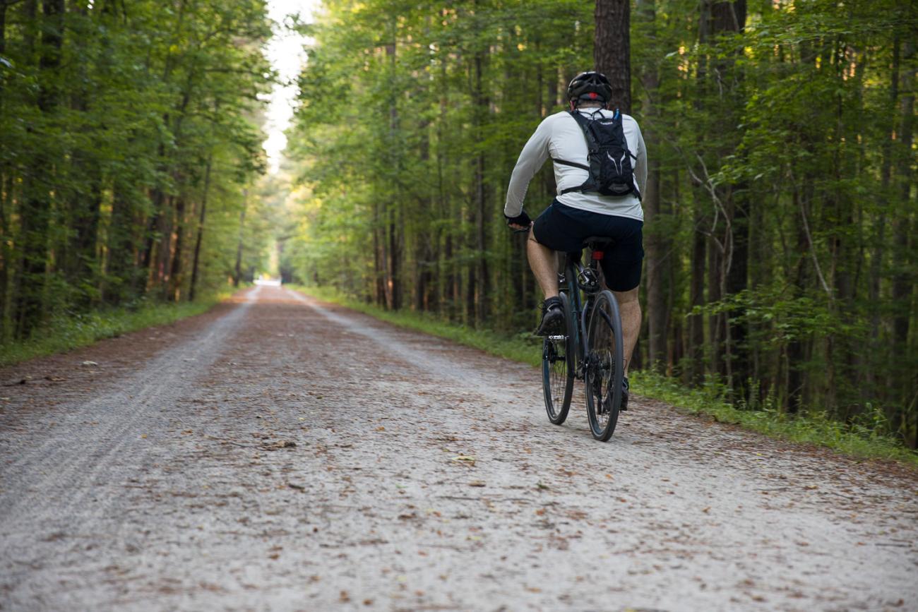 Photo of a bicyclist on the Wake County section of the American Tobacco Trail