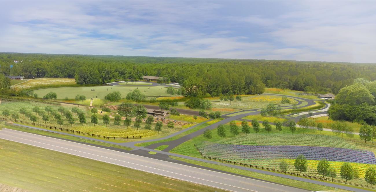 birdseye view rendering of future park - includes fields, trees and park center