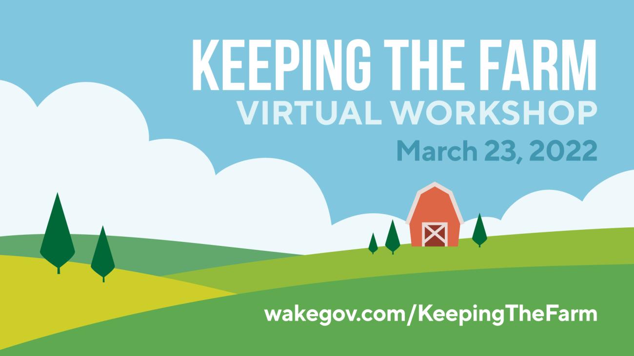 Keeping the Farm virtual workshop March 23, 2022, drawing of farm with rolling hills, barn, blue sky with puffy clouds