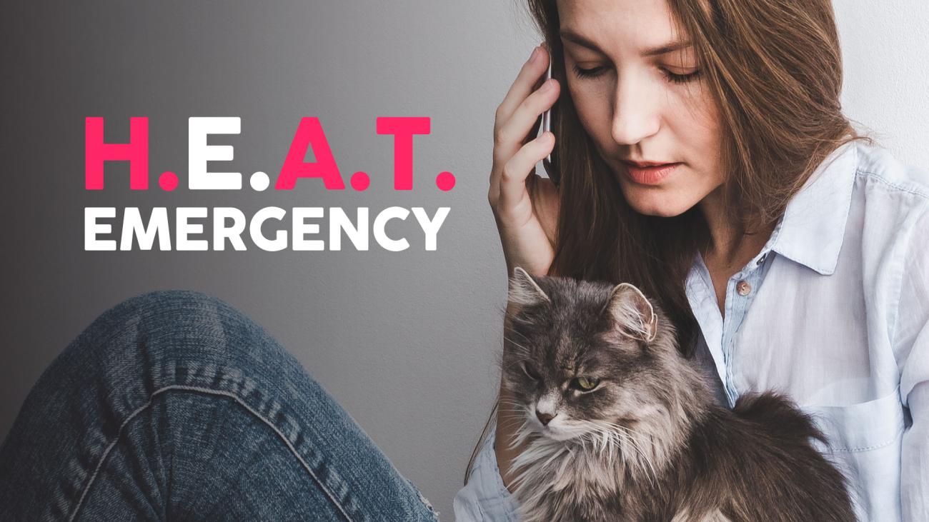 Concerned woman talks on cell phone while holding cat