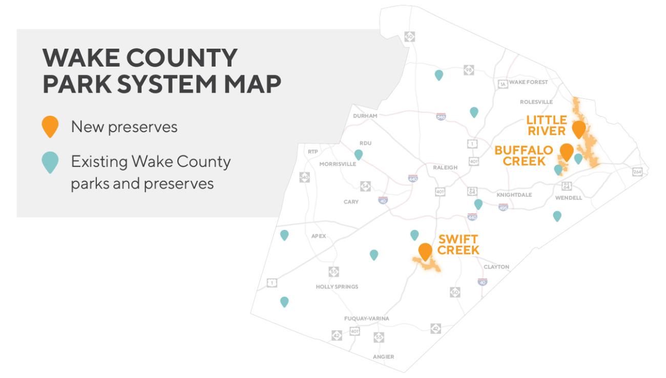 Wake County map showing locations of county parks and preserves