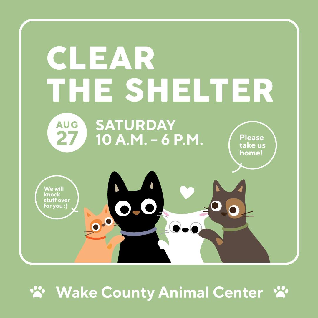 Clear the Shelter graphic with cat illustrations