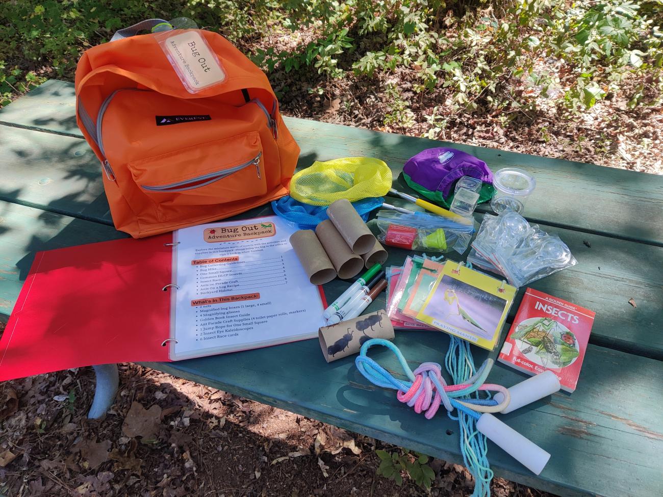 Photo of the self-guided activities available in the Bug Out! Adventure Backpack at Harris Lake County Park