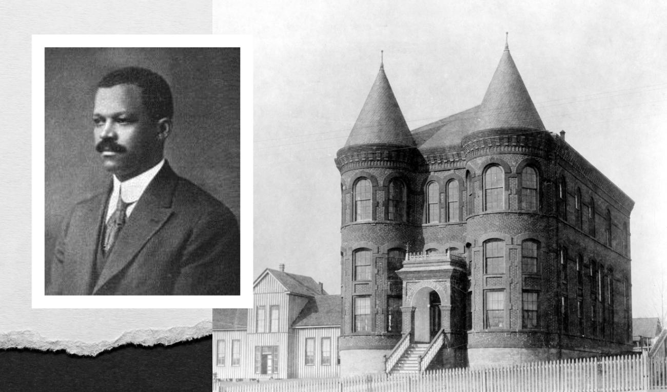 Portrait of Gaston Alonzo Edwards, with image of Shaw University's Tyler Hall