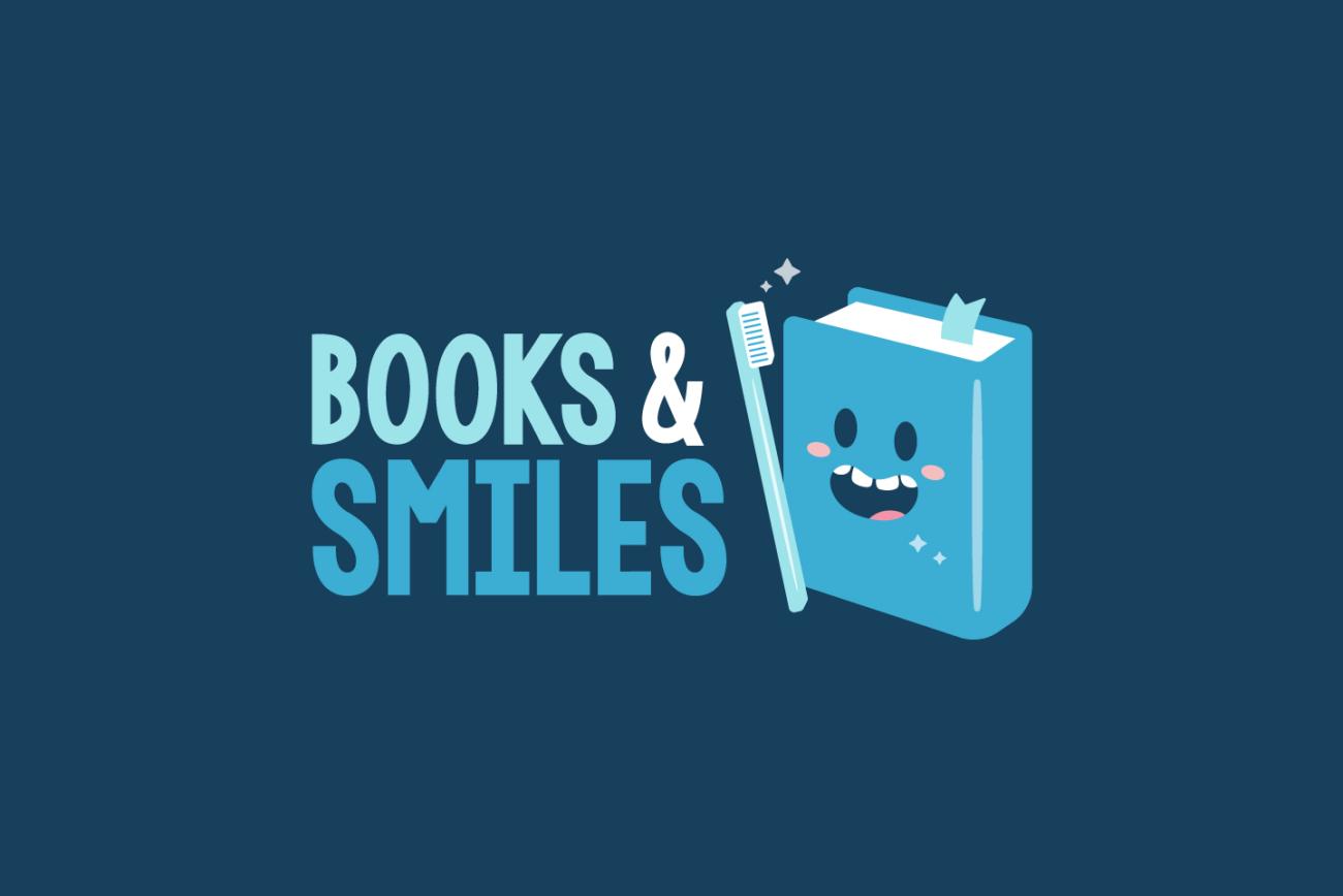 Blue Background with text that says Books and Smiles 