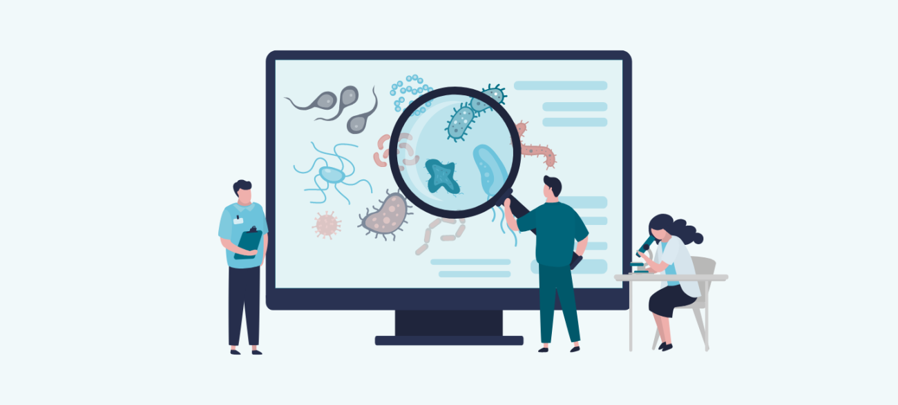 Team of epidemiologists developing set of anti-epidemic measures. Scientist with magnifying glass studies structure of viruses.