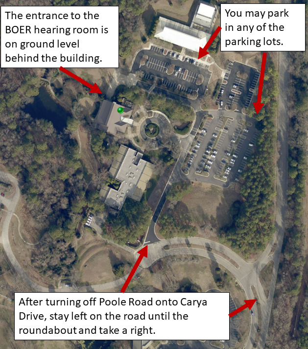 Aerial photograph showing directions for reaching the BOER meeting room.