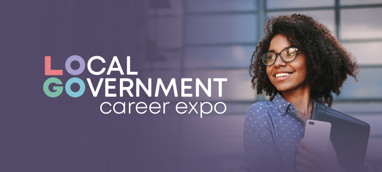 LOGO: Local Government Career Expo, with smiling woman looking over shoulder