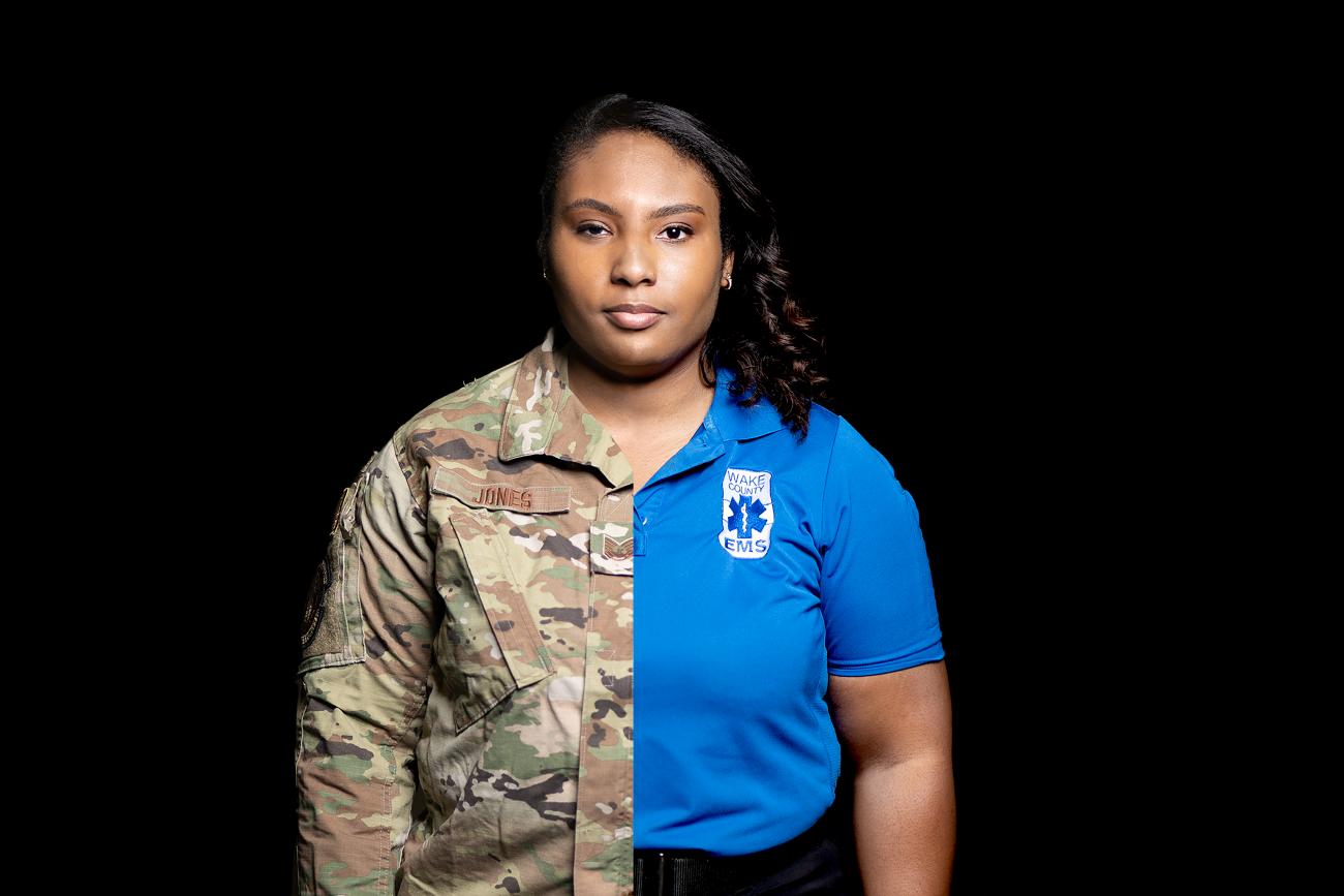 split photo of woman in military fatigues and EMS shirt