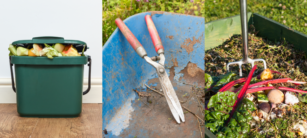 Collage of composting tools including: a compost bin with lid, hedge trimmers and a garden fork