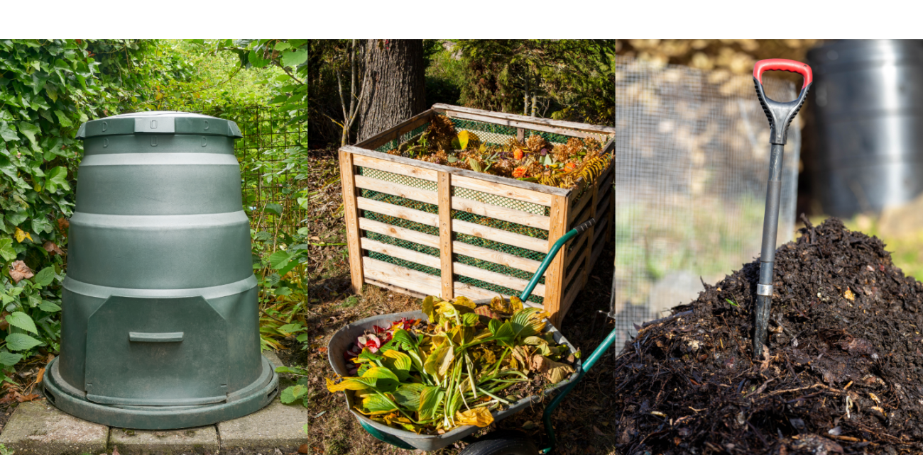 Collage of Compost Types including: Manufactured Bins, Do-it-yourself homemade bins and open piles