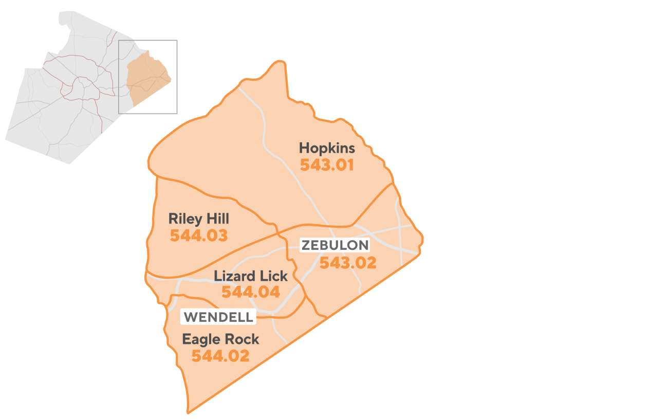 East Wake Counts communities shown with U.S. Census Tract numbers and boundaries.