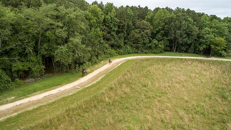 aerial view of people riding horses on a trail