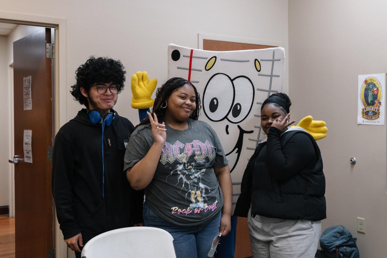 Students and Paper Guy mascot