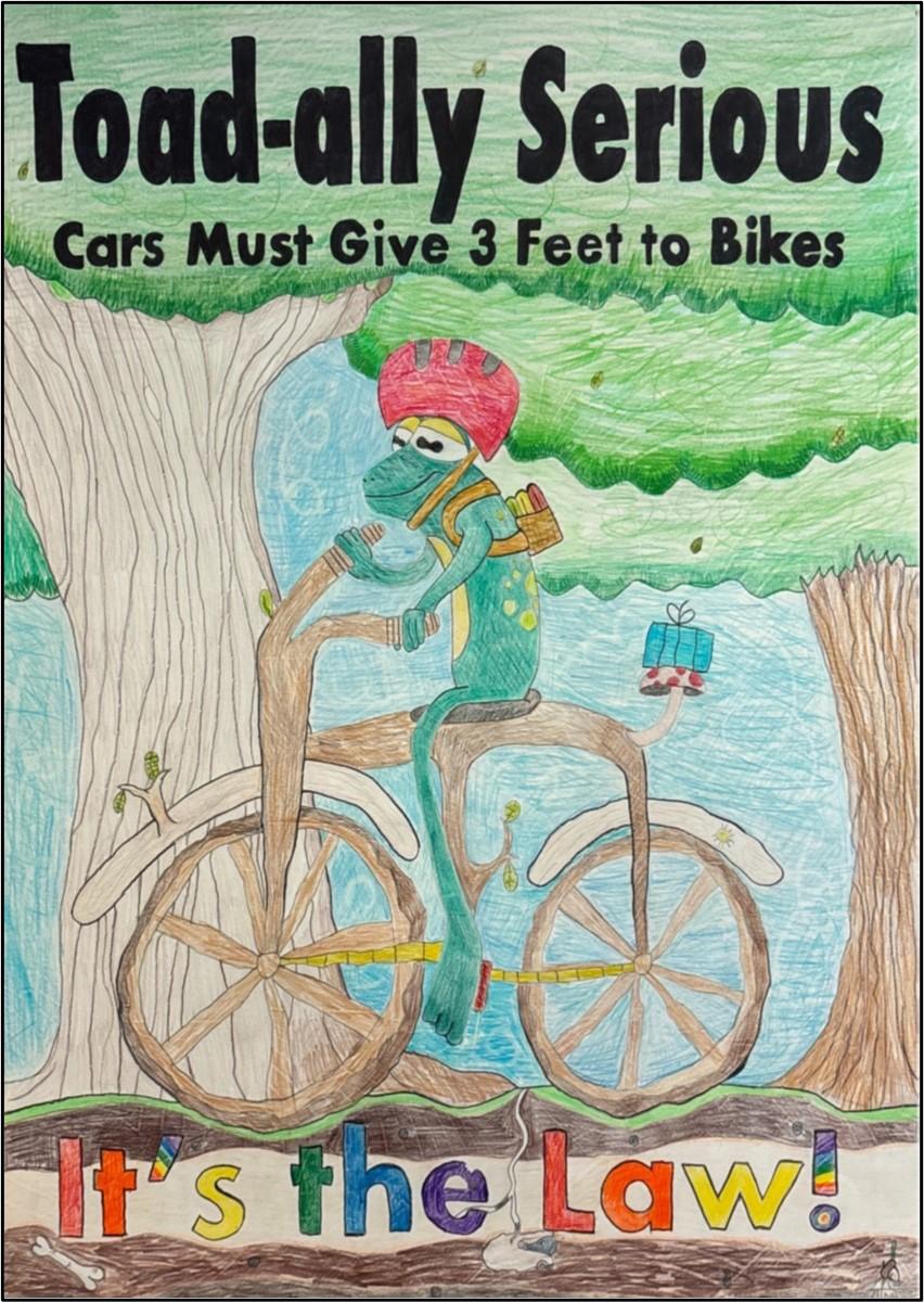 poster of frog on bicycle with text saying toad-ally serious, cars must give three feet to bikes. it's the law.