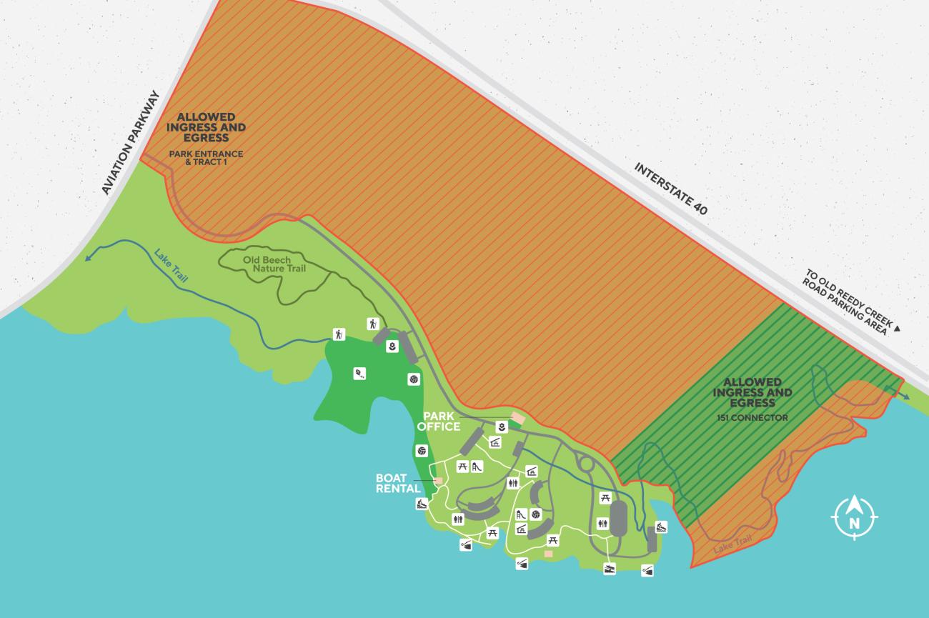 map of Lake Crabtree County Park, indicating the area to be closed