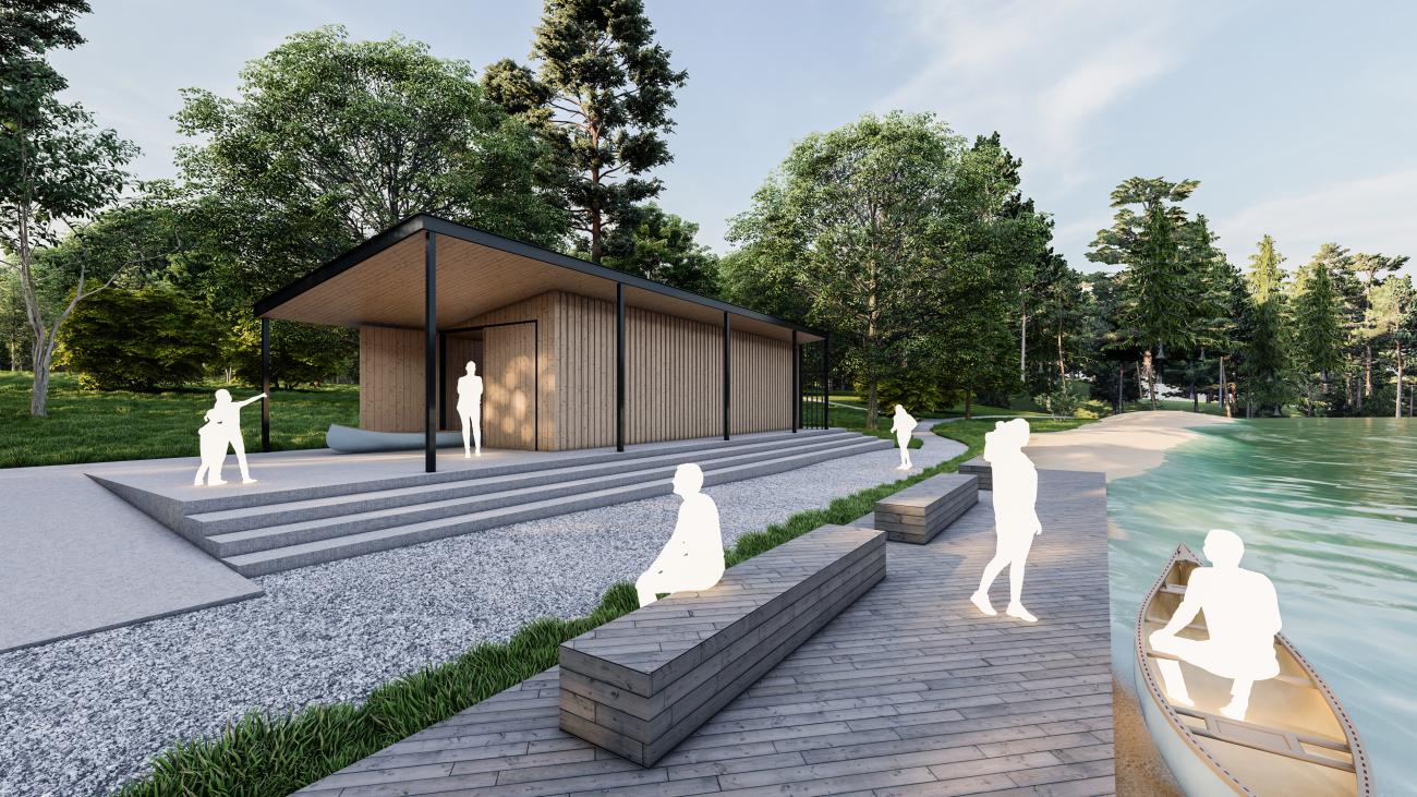 artist's rendering of canoe storage and pond access