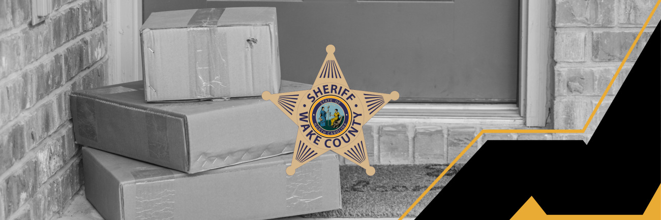 Photo of a package sitting in front of a door with the WCSO badge over the photo