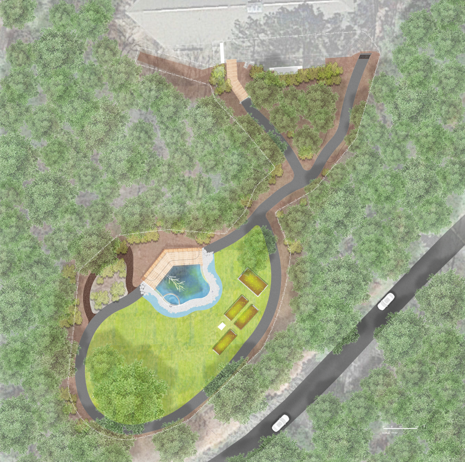 Rendering showing planned improvement to pond and center areas of Blue Jay Point County Park