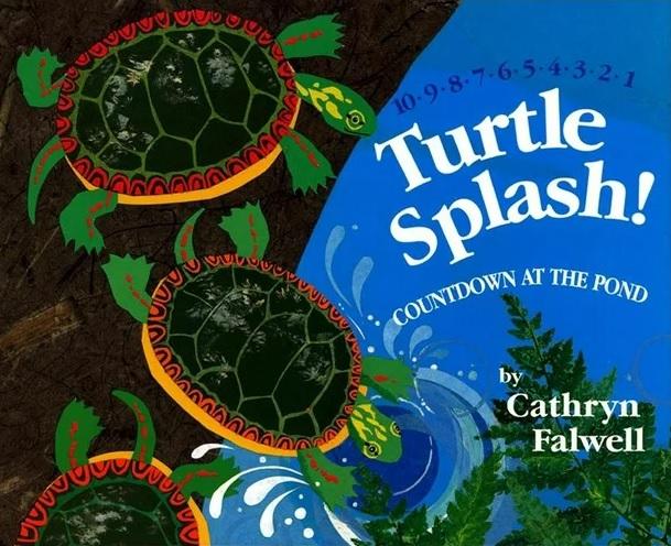 Illustration of 3 turtles entering a blue pond