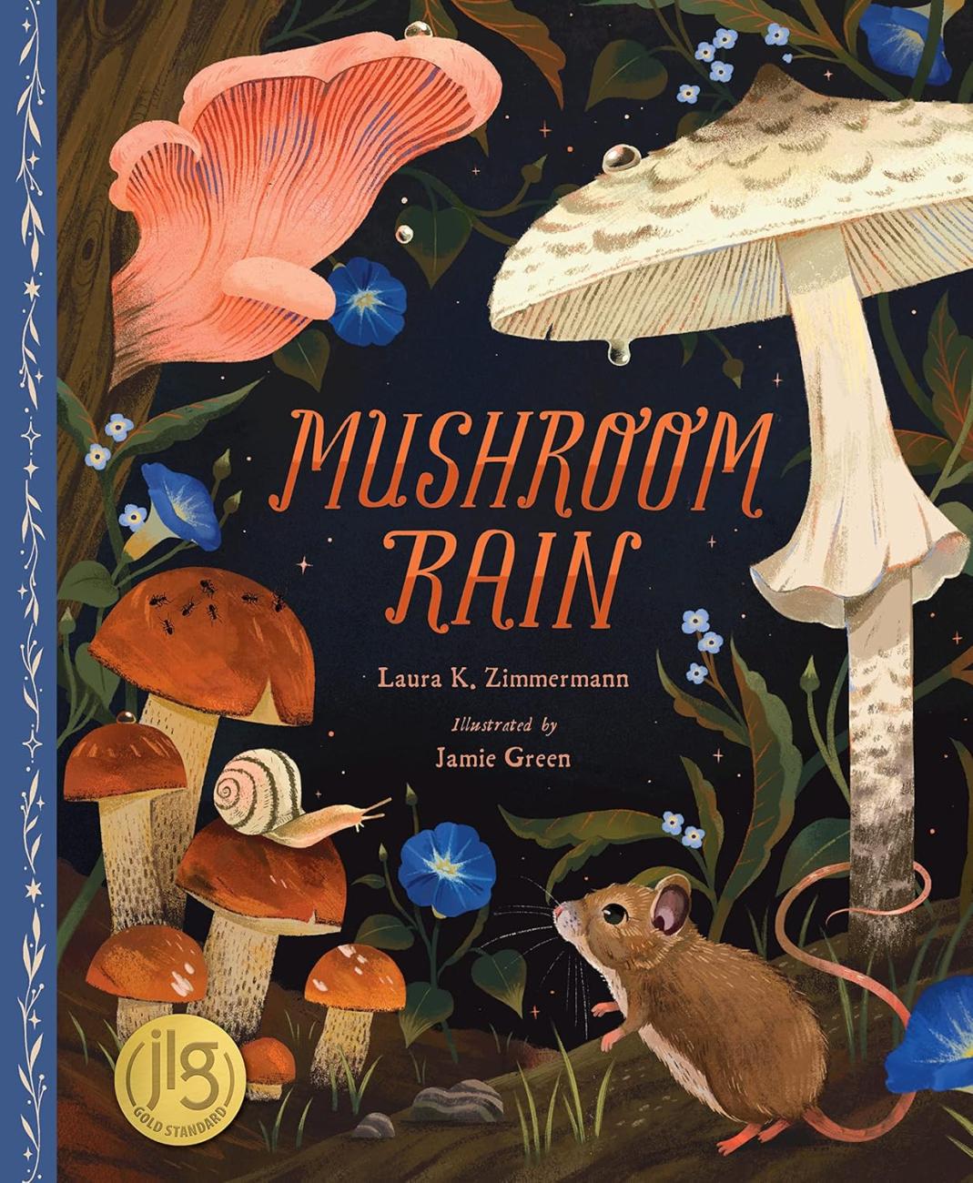 Illustrated book cover showing various mushrooms, a snail on a mushroom cap, a mouse looking up, and blue flowers against a dark background.