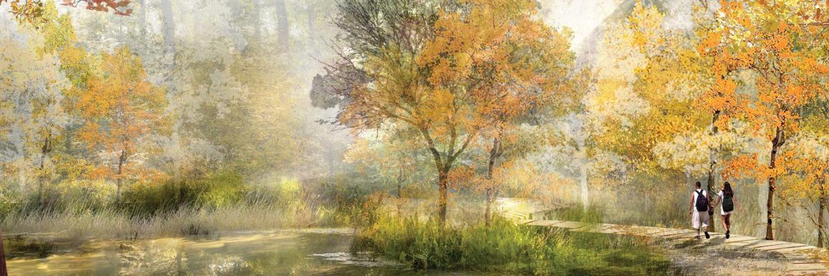 An artistic rendering of the future Kellam-Wyatt County Park, with two people walking along a pond