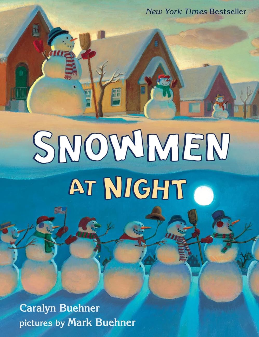 Illustration of snowmen lined up in front of houses during day and night with a full moon in the sky on a book cover.
