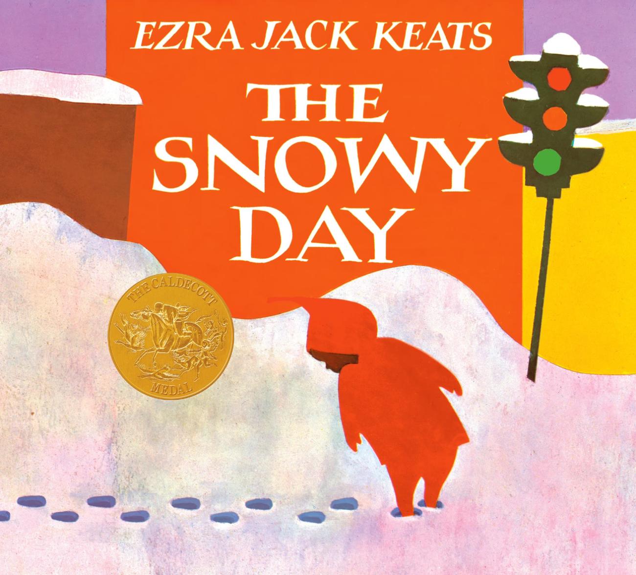 Cover of Ezra Jack Keats' The Snowy Day showing a child in red walking through snow with footprints and a traffic light.