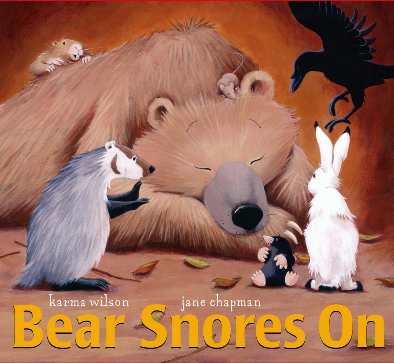 Illustration of bear sleeping while a rabbit a crow and other animals look on