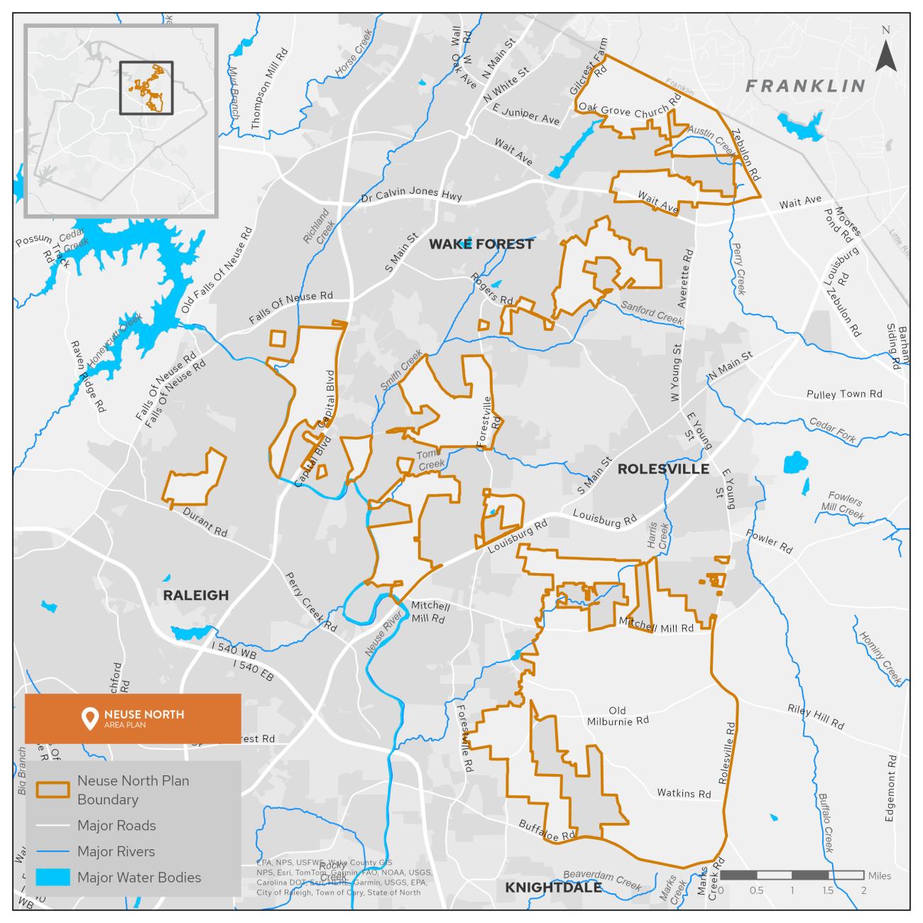 A map showing the boundary of the Neuse North area plan in Wake County