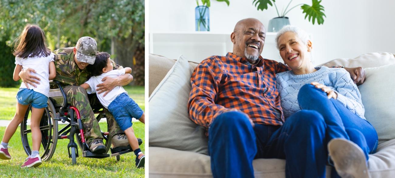 Image of disabled veteran with family and image of happy elderly couple at home