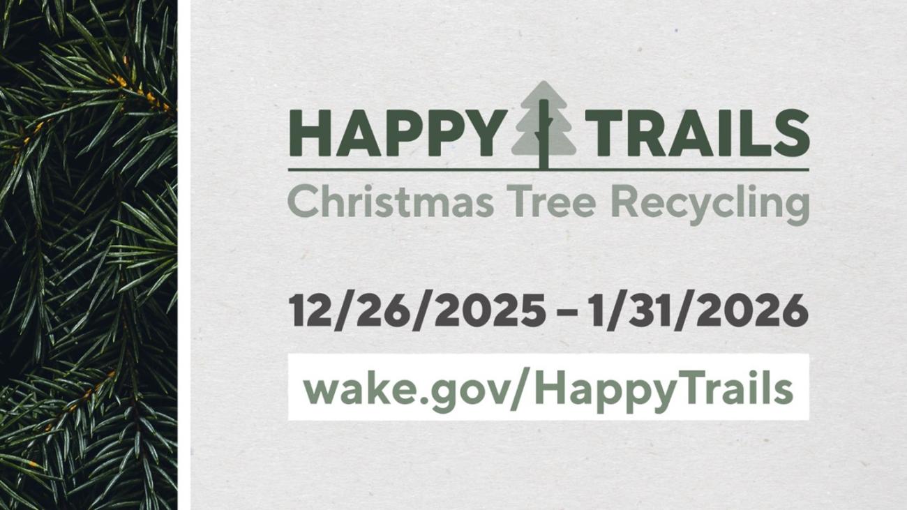 Graphic promoting ‘Happy Trails Christmas Tree Recycling’ with evergreen branches on the left, event dates December 26, 2025–January 31, 2026, and the website wake.gov/HappyTrails