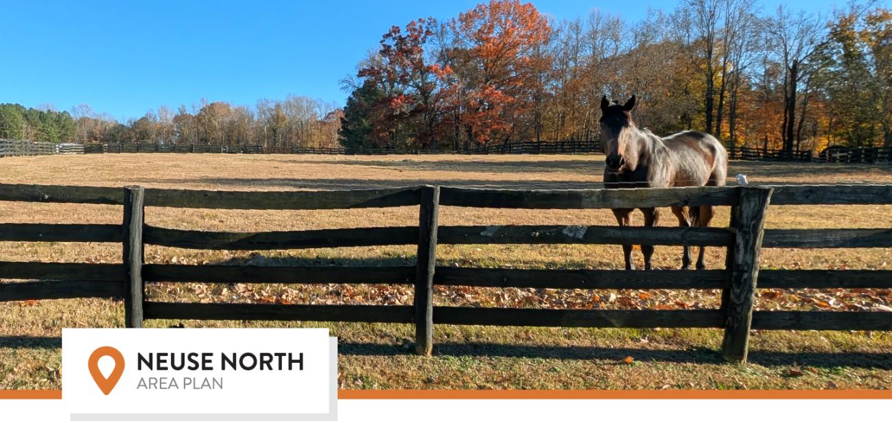 Horse behind a wooden fence in a pasture with fall trees; ‘Neuse North Area Plan’ banner at bottom.
