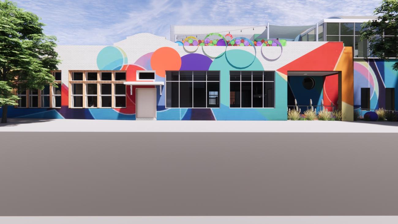 Street-level rendering of a modern building façade painted with a vibrant, abstract mural