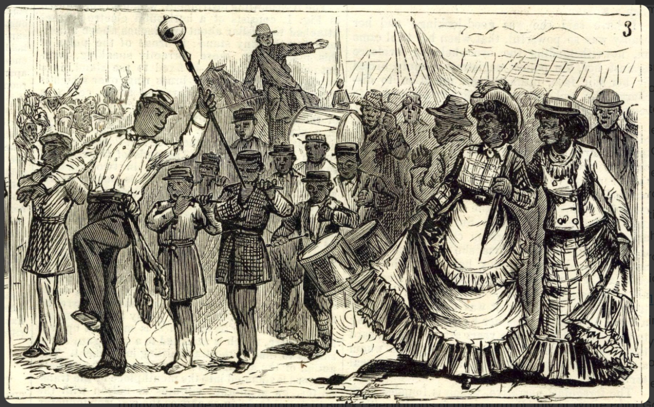 A lively 19th-century street scene with a man dancing, musicians playing drums, and two women in period dresses observing the event.