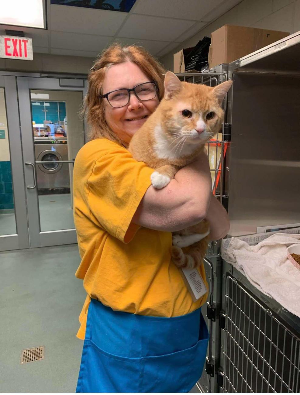 Susan holds tabby cat