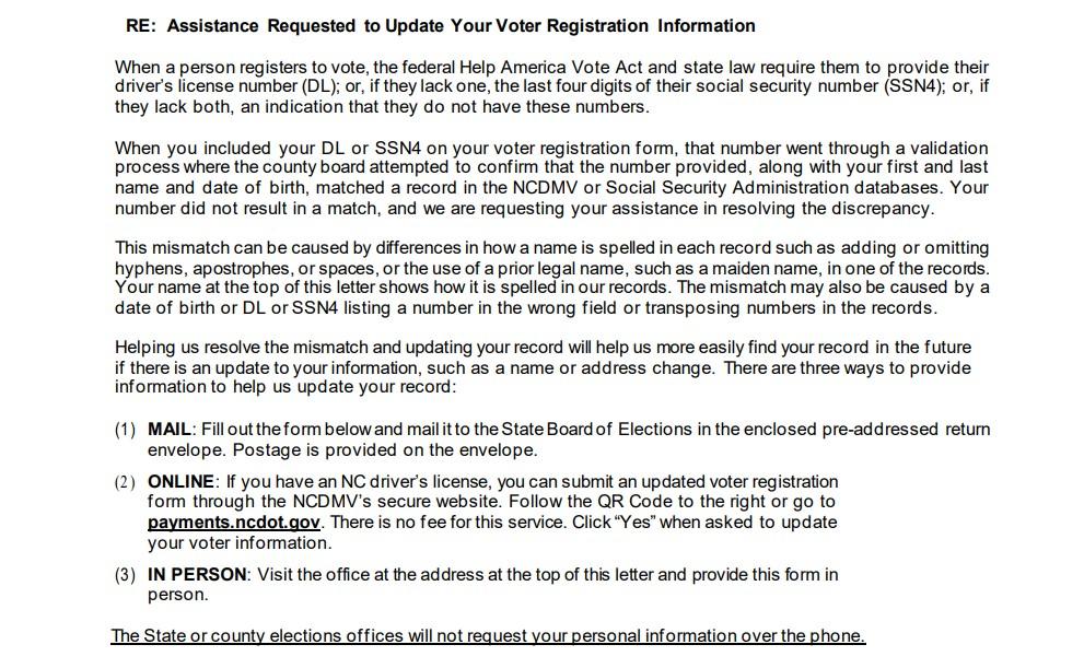 Assistance Requested To Update Your Voter Registration Information