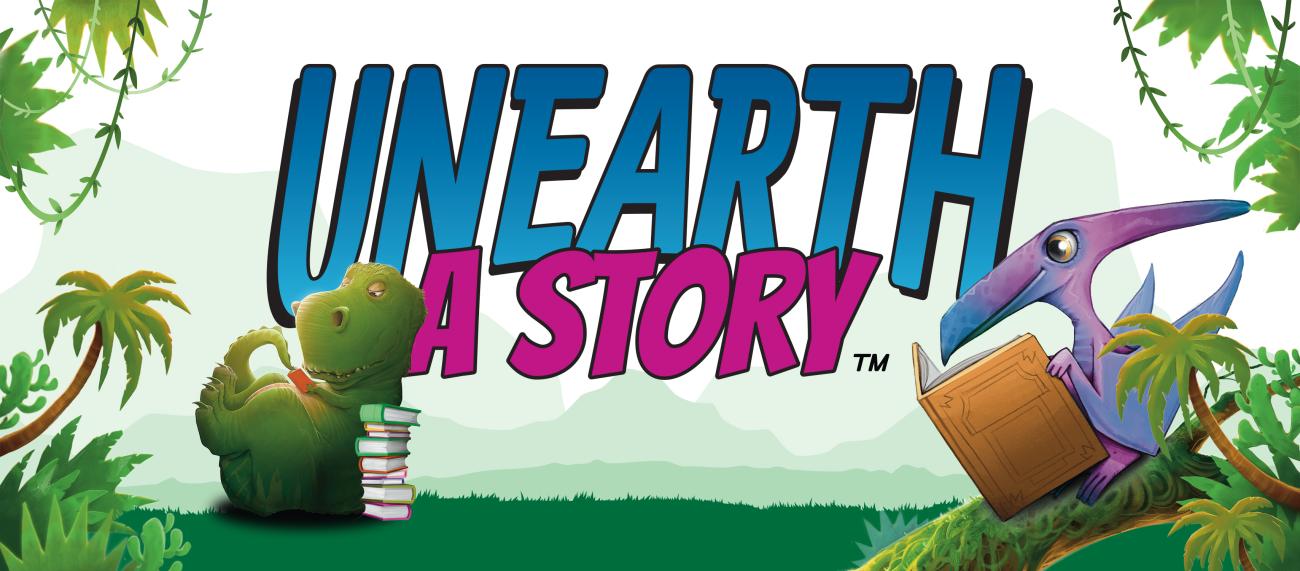 Unearth a Story, Dinosaurs Reading and Lounging with Books